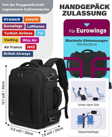 Рюкзак для ручної поклажі 40x30x20 см (24л) ідеальний для Ryanair, EasyJet, Eurowings, Wizz Air. Чорний рюкзак-трансформер з відділенням для ноутбука 15.6