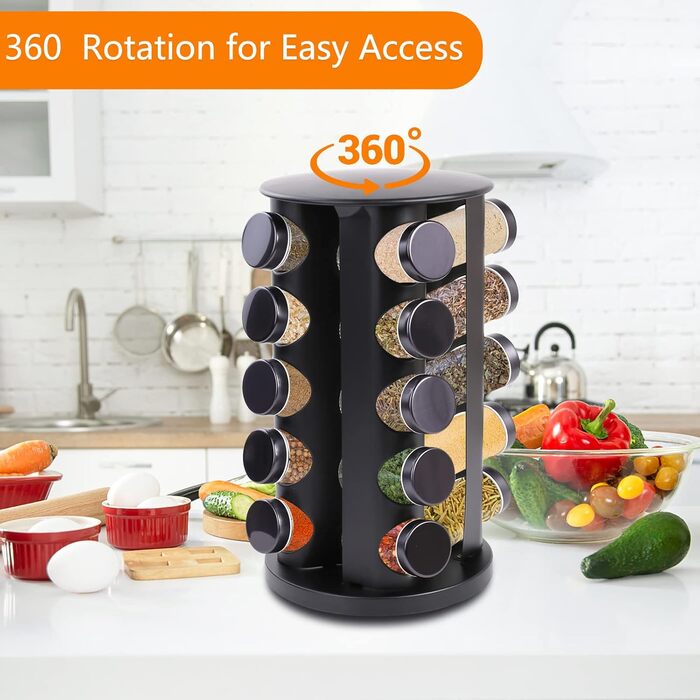 Поворотна на 360 підставка для спецій, чорна, органайзер для спецій, карусель для спецій з 20 банками для спецій, етикетками, ручкою, лійкою, кришками, підставками для спецій з нержавіючої сталі, зберігання спецій для кухонної стільниці