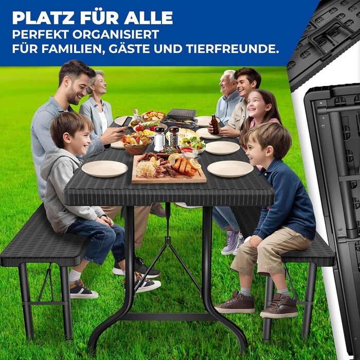 Комплект пивних меблів KESSER з 3 предметів стіл та 2 лавки Буфетний стіл для використання в приміщенні та на вулиці, складний комплект садових меблів, 183x76x74 см, пластиковий складний стіл, вигляд ротанга, садовий стіл, включає чохол та ручки для перен