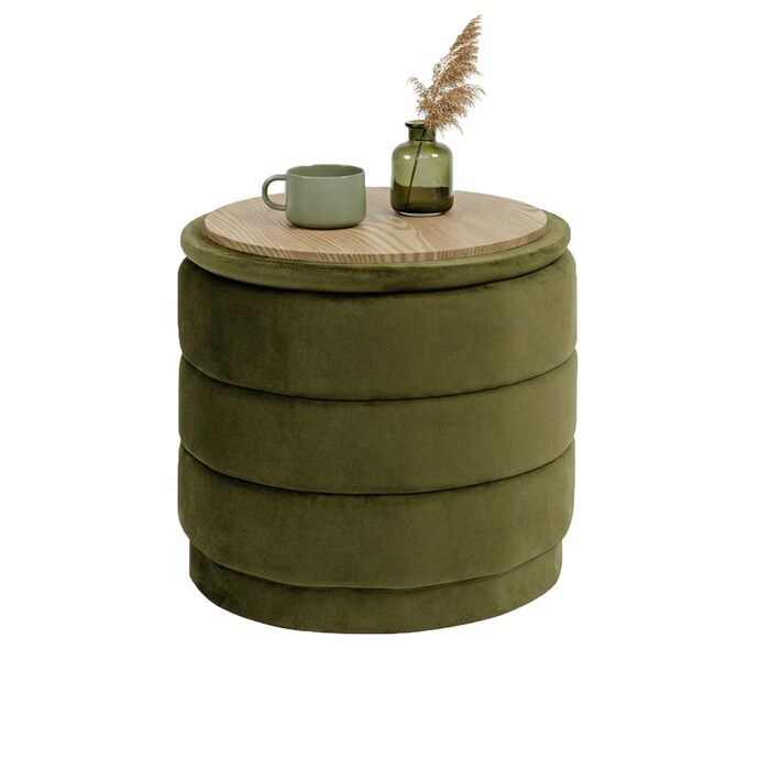 Круглий пуф Bonlife з кришкою, складна підставка для ніг зі столиком, пуф для вітальні, спальні, коридору, оливковий оксамит, 39x39x37 см 39 см оливковий