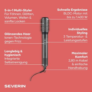 Стайлер для волосся 5-в-1 Severin S-Style Multi-Styler фен з іонізацією, брашинг з технологією Airflow, 5 насадок, 1500 Вт, компактний, антрацит, WL 0684