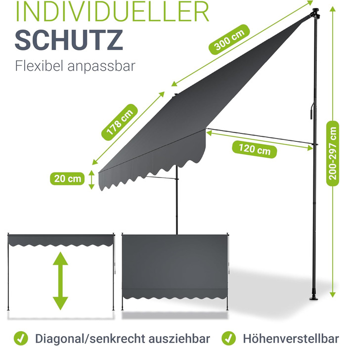 Тент Juskys із затискачем, Кейптаун, 300x120 см - Регульована висота та стійка до ультрафіолету - Для балконів та терас - Всепогодний ширмовий екран для забезпечення конфіденційності - Чохол для тераси, сірий, 300 x 120 см