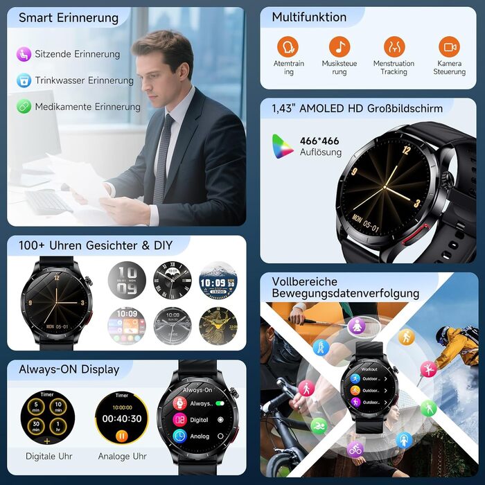 Новий смарт-годинник для чоловіків з ЕКГHRV/ІМТ/сечовою кислотою/Bitterbox, 1.43-дюймовий AMOLED годинник для здоров&39я з 24-годинним моніторингом артеріального тиску, серцевого ритму, температури тіла, SpO2, монітором сну, фітнес-годинник для Android iO