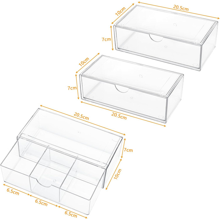 Секційний органайзер для косметики з висувними шухлядами, міні-органайзер для ванної кімнати з висувними шухлядами. Штабельований прозорий акриловий органайзер для макіяжу, для туалетного столика, ванної кімнати, спальні, письмового столу, 3-