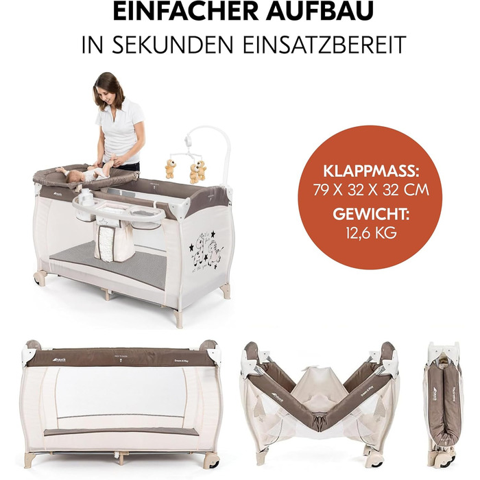 Дорожнє ліжечко Hauck Babycenter Zoo - вкл. вкладиш для новонароджених, пеленальний килимок, ігрова арка з музичним мобілем, лоток для зберігання, колеса, матрац, сумка для перенесення (регульована по висоті та складається) - 120x60 см