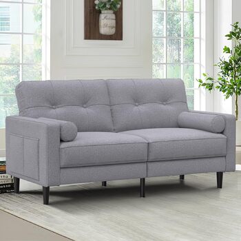 Місний диван, сучасний дизайн з товстими подушками, 2 подушки, зручний лляний диван з 2 відділеннями для зберігання речей для вітальні/спальні/офісу, легко збирається невеликий предмет меблів, класичний сірий, 2-