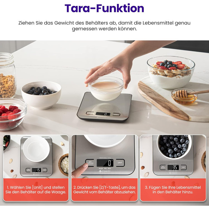 Кухонні ваги ETEKCITY, цифрові 5 кг з великим РК-дисплеєм, цифрова шкала, буквена шкала з великою ваговою поверхнею з нержавіючої