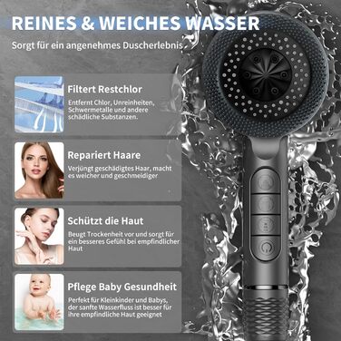 Душова лійка з шлангом, високий тиск, фільтр від вапняного нальоту, 31 режими струменя, функція зупинки води, темно-сірий колір TY001