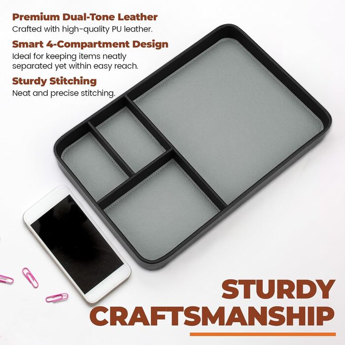 Чоловічий органайзер для столу, 4 відділення, високоякісна штучна шкіра, лоток для зберігання речей для всіх тумбочок, лоток для коштовностей, тумбочка для ключів, годинника, телефону, коштовностей, EDC, чорний