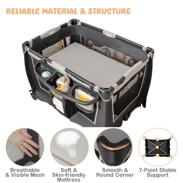 Складане дитяче ліжечко LIFEZEAL з тримачем для підгузків та сумкою для перенесення, знімне дорожнє ліжечко 4 в 1 з матрацом та пеленальний килимок, дитяче дорожнє ліжечко з музичним мобілем та лялькою, дитяча колиска для дітей від 0 до 36 місяців (сірий)