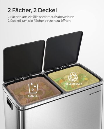 Відро для сміття, 2 х 30 л, 2 відділення, система розділення сміття, педальний відро для сміття, відро для кухонного сміття, 15 мі