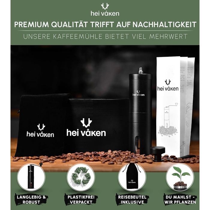 Ручна кавомолка HEI Vken з конічною кавомолкою - Регульований помел - Ручна кавомолка з нержавіючої сталі для дому та в дорозі