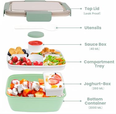 Ланчбокс Bugucat для дорослих 2000 мл, герметичний контейнер для обіду з роздільниками, бento-бокс для дітей, контейнер для салату з виделкою, для школи, офісу, темно-зелений 2000 мл