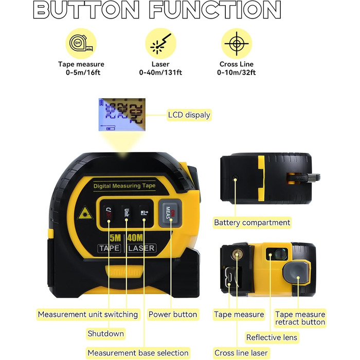 Лазерна рулетка 3-в-1 з великим РК-дисплеєм Цифровий лазерний вимірювальний прилад в/фут/м шкали до 131ft/40M з розрахунками Рулетка 16ft/5M і поперечна лінія з лазером (жовта)