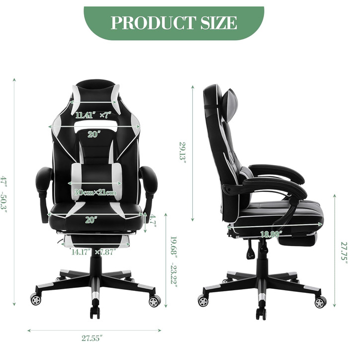 Геймерське крісло з ергономічною спинкою, регульованим нахилом та висотою, офісне крісло з поперековою опорою, м&39якою спинкою та висувною підставкою для ніг