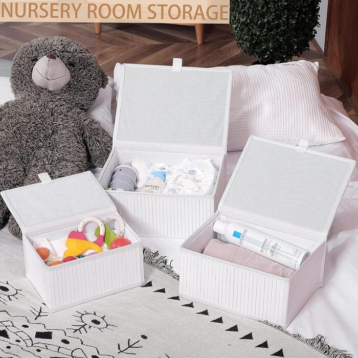 Біла скринька для зберігання Honygebia з кришкою декоративний бамбуковий кошик для зберігання, набір із 3 ротангових кошиків з кришками та тканими тканинними підкладками для ванної кімнати, кухні та організації полиць (великий/середній/малий)