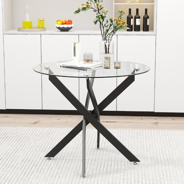Обідній стіл GOLDFAN Скляний стіл для вітальні Маленький круглий скляний стіл Кухонний стіл Сучасний стіл з чорними ніжками для вітальні Офіс Кухня Скло 4 Чорний