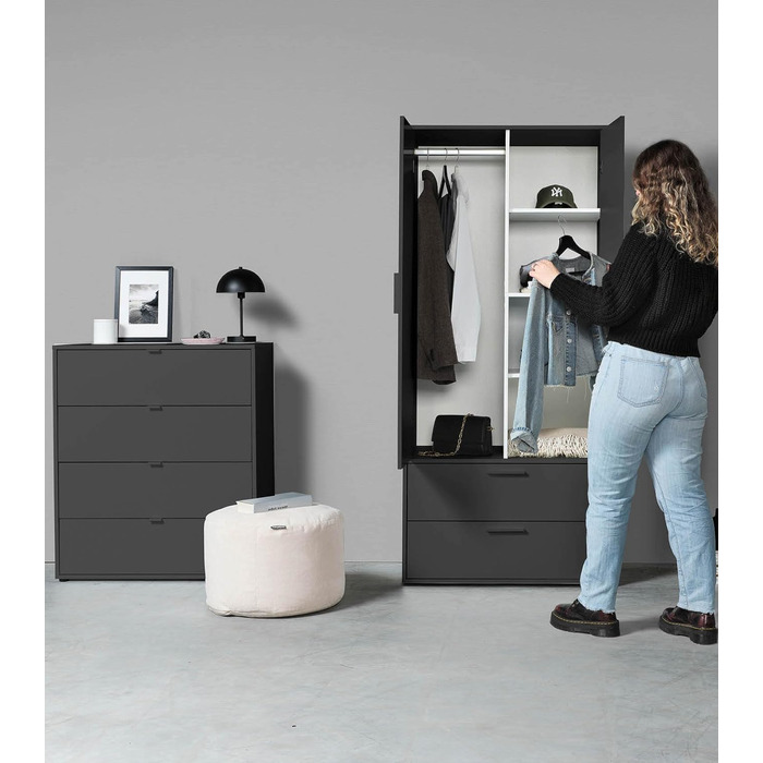 Шафа mokebo Герой одягу (80x180x51 см) з 2 шухлядами та 4 відділеннями, шафа, шафа для передпокою або комора для спальні чи гардеробної з дерева чорного антрацитового кольору, ширина 80 см З вішаком для одягу та відділеннями