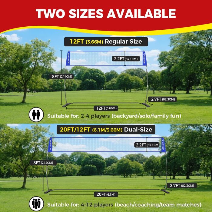 Портативна волейбольна сітка BAGAIL (3,6 м), Регульована висота, Міцна окремостояча рама, Для приміщень та вулиці, Синя