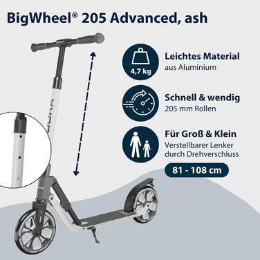 Самокат HUDORA BigWheel 205 Advanced комфортний алюмінієвий самокат до 100 кг, з регулюванням висоти та можливістю складання, для дітей, підлітків та дорослих, колір Ash