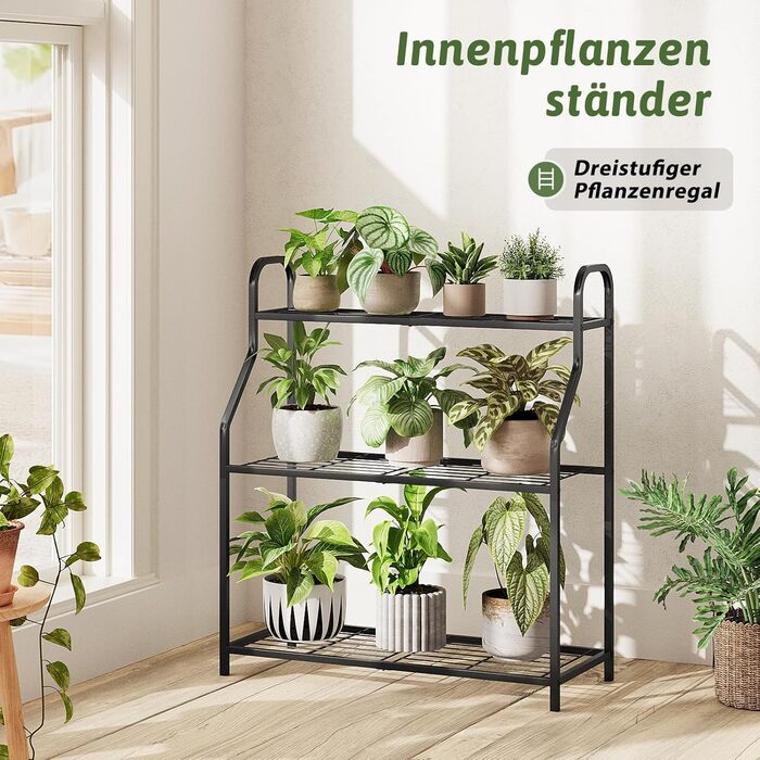 Підставка для рослин Bamworld, чорний метал, всепогодна полиця для рослин для використання в приміщенні та на вулиці, стіл для посадки квітів та трав, міцна 3-рівнева залізна підставка для квітів