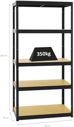 Надміцний стелаж, тонкий, чорний, 180x90x45 см, навантаження на полицю 350 кг, стелаж для підвалу, стелаж без болтів, гаражний стелаж, стелаж для зберігання 180x90x45 см, чорний