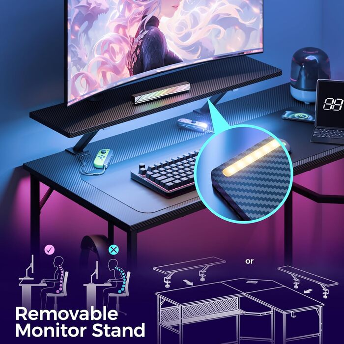 Г-подібний стіл Mondeer зі світлодіодним підсвічуванням, ігровий стіл 130 x 130 см з 2 розетками та 2 портами USB для зарядки, кутовий стіл із сітчастим відділенням для зберігання та гачками, для домашнього офісу та спальні, колір сажа