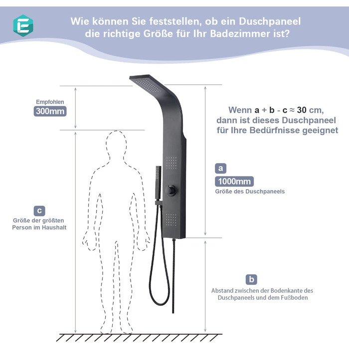 Душова панель Ельба без змішувача з 3 функціями, душова система з матової нержавіючої сталі 304, з 2 х масажними струменями, тропічний душ і ручний душ (без змішувача, 3 функції, чорний)