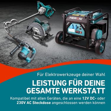 Бензиновий генератор Heron 3,5 кВт Генератор з баком 18 л та шасі Генератор з двома розетками 16A 230V та однією розеткою 12V/8,3A DC Мобільний генератор з системою AVR Без електричного стартера