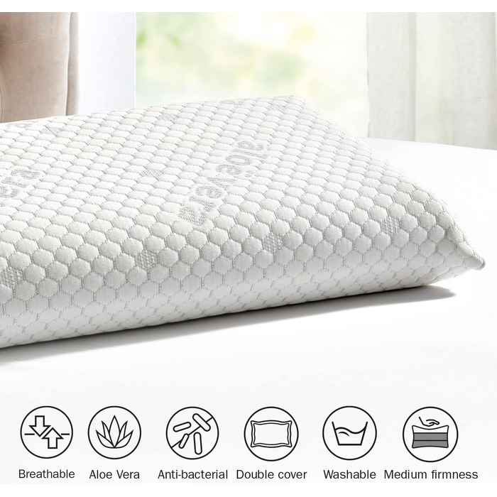 Віскоеластична подушка з обробкою з алое вера, середньої жорсткості, зі срібними нитками та подвійним чохлом для відпочинку та комфорту. 70x35 см (упаковка з 2 шт.)