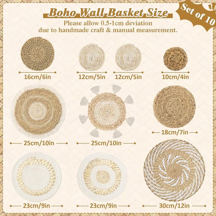 Набір з 10 плетених настінних кошиків Weldomcor Boho з ротанга, сільський ручної роботи, настінне мистецтво з макраме, декор для стін, спальня, дитяча, вітальня, фермерський будинок