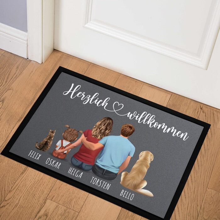 Персоналізований сімейний килимок для дверей з фігурками та іменами (1, 2, 3, 4 дітей, собака, кіт), нековзний та миється, чорний, 60x40 см