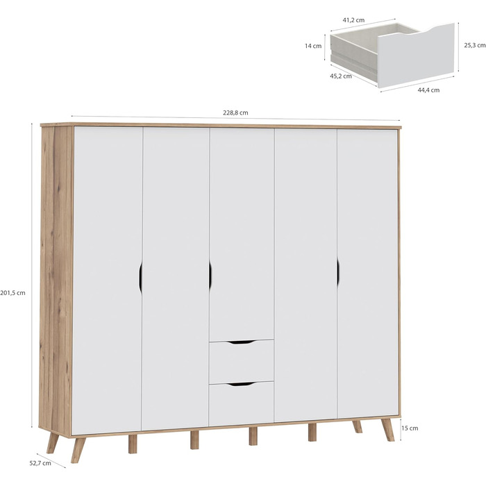 Гардероб Forte VANKKA 230, шафа в скандинавському стилі з 5 дверима на петлях та 2 шухлядами, витончені меблеві ніжки, інженерна деревина, декор дубовими дошками Білий, 228,8 см завширшки x 201,5 см заввишки x 52,7 см завглибшки. Біло-дубова 5-дверна шафа