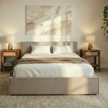 Ліжко IDIMEX Pesaro з м&39якою оббивкою 140x200 см, сірий колір каркас ліжка з рейковою основою, міцний чохол з тканини під лляну тканину, сучасне двоспальне ліжко з узголів&39ям для спальні