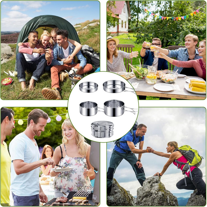Набір посуду для кемпінгу зі сталі 304 каструлі, сковорода та портативний столовий набір для пікніків, походів та подорожей