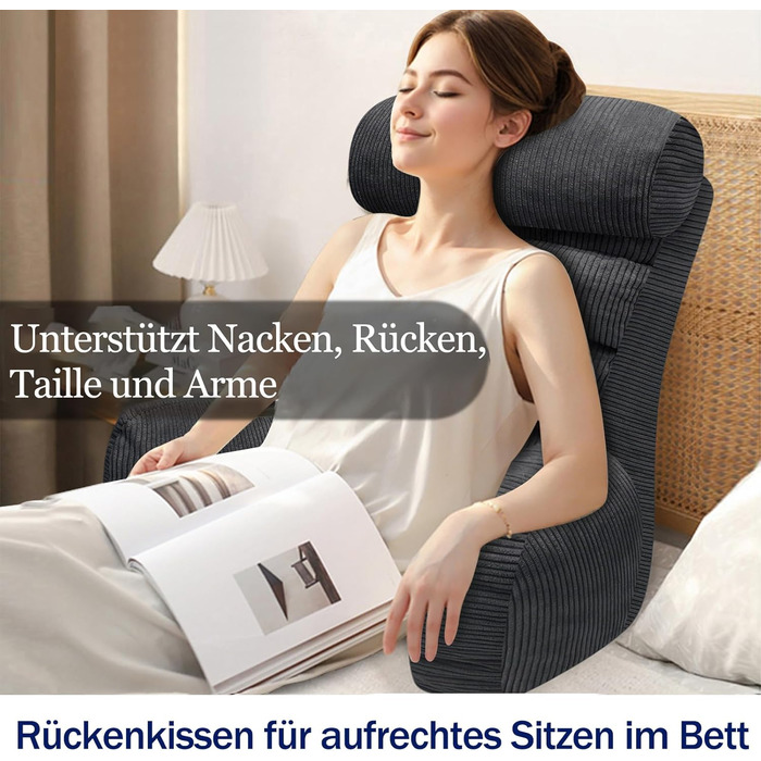 Подушка для читання для ліжка та дивана, подушка для спини ліжка, подушка для читання зі спинкою для дорослих, зручна для сидіння, читання та перегляду телевізора на підлозі або дивані (вугільна, 65 * 30 см)