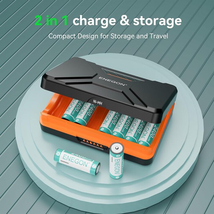 Швидкий зарядний пристрій ENEGON на 8 батарейок типу AA/AAA з РК-дисплеєм 8 нікель-металгідридних батарей типу AA (2400 мАг), зарядна станція USB-C з відділенням для іграшок, мишей та електроніки
