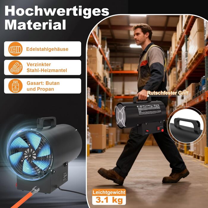 Газовий обігрівач на пропані потужністю 10 кВт для використання всередині приміщень, газовий вентилятор-обігрівач з редукційним клапаном 700 мбар, продуктивністю 320 м/год, газовий радіаційний обігрівач для будівельних майданчиків, вентильованих складськи