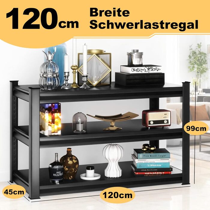Міцний стелаж, стелаж зі сталевим каркасом, полиця для зберігання з 3 регульованими полицями, стелаж для підвалу, стелаж без болтів, стелаж для майстерні, підвал, гараж, майстерня, чорний, 120 x 45 x 99 см - 3 полиці