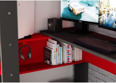 Дитяче двоярусне ліжко Gamex з ігровим столом в антрацитовому та червоному кольорах