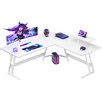 Г-подібний ігровий стіл Devoko з підставкою для монітора, кутовий стіл для геймерів, великий комп&39ютерний стіл для ПК, 150 x 130 см, вуглецеве волокно білого кольору