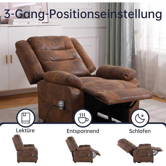 Електричне крісло-реклайнер, крісло для телевізора, масажне крісло з підйомником, підігрів, функція відкидання, флокована шкіра (коричневого кольору)