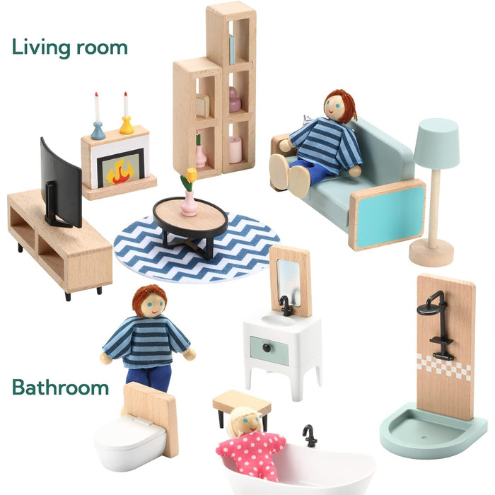 Набір меблів для лялькового будиночка "Гігантська квасоля", дерев&39яний, 36 предметів з 4 сімейними ляльками, аксесуари для ляльок, іграшка для хлопчиків, дівчаток та малюків від 3 років