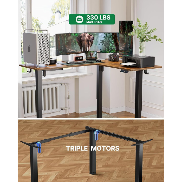 Стіл Marsail для роботи стоячи, регульований по висоті, з електричною розеткою 10,2 см, L-подібний електричний стіл для роботи стоячи з гачком для навушників, стіл для роботи стоячи для домашнього офісу, стабільна робоча станція для письма, рустикальний д