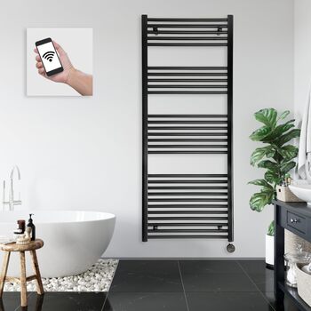 Електричний радіатор для ванної кімнати anapont з WiFi та Bluetooth 1475x600 - чорний прямий - рушникосушка - електричний обігрівач для ванної кімнати - рушникосушка - Зроблено в Німеччині Чорний 1475в x 600вт