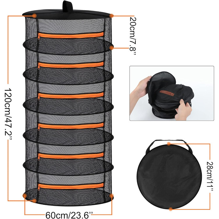 Шарова сітчаста сушарка для підвішування трав, сітка для сушіння з помаранчевими блискавками 6-шарова-60x120см помаранчева, 6-