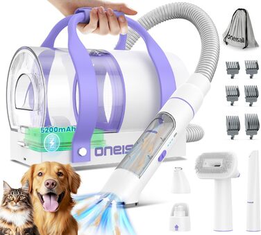 Бездротовий пилосос для шерсті домашніх тварин oneisall, пилосос для шерсті собак ємністю 5200 мАг з машинкою для стрижки, шліфувальною машинкою для кігтів, тримером для лап, щіткою для собак, тихий, підходить для використання в приміщенні та на вулиці (ф