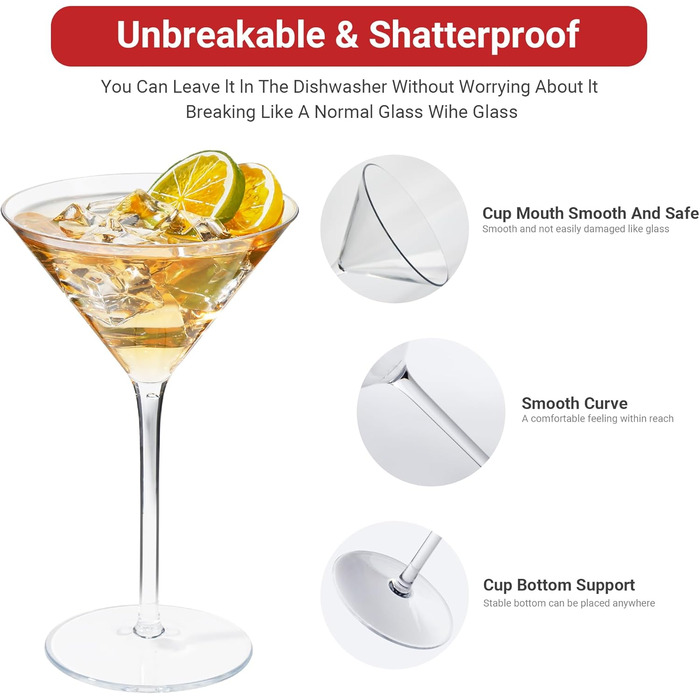 Небиткие стакани для коктейлів Tritan пластиковий коктейльний стакан з ніжкою, мартіні, маргарита, мохіто, 260 мл, набір 2 260 мл