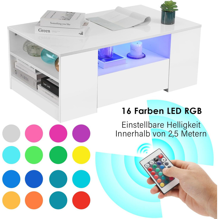 Журнальний столик зі світлодіодним підсвічуванням, сучасний диванний столик, стіл для вітальні з 2 шухлядами, 100x55x37 см, білий