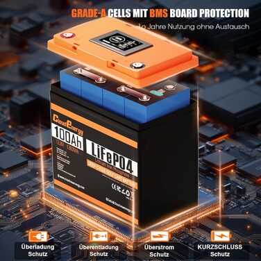 Літій-іонний акумулятор Cloudenergy 12,8 В 100 Аг LiFePO4, 1280 Втгод, 100 А Bluetooth BMS із сенсорним екраном, 6000 циклів заряджання/розрядки, підходить для автофургонів, човнів та кемпінгу. (DP-12V-100Ah)